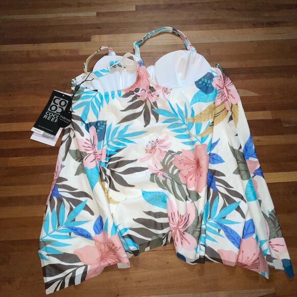 Coco Reef Women's Palm-Print Mesh-Overlay Tankini - Blue 32DD - Picture 7 of 11